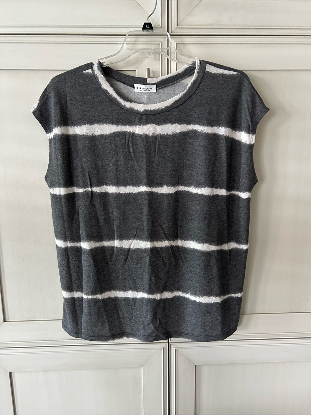 First Love Charcoal and White Striped Cap-Sleeve Tank